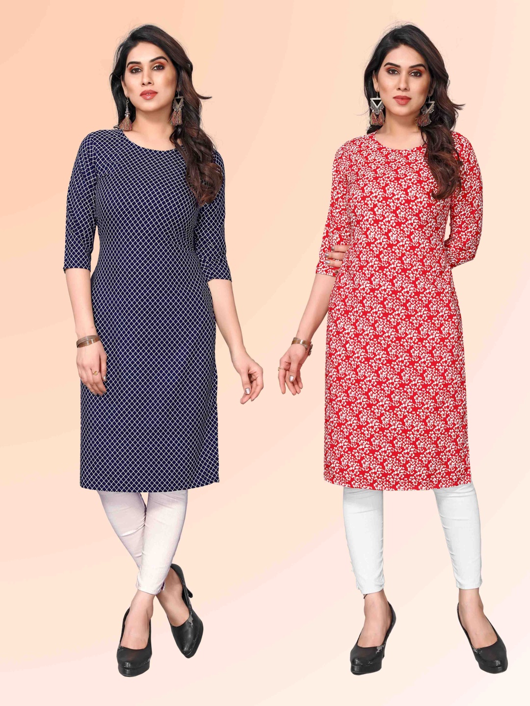 

KETAKI FASHION Selection Of 2 Checked Round Neck Straight Kurtas, Navy blue