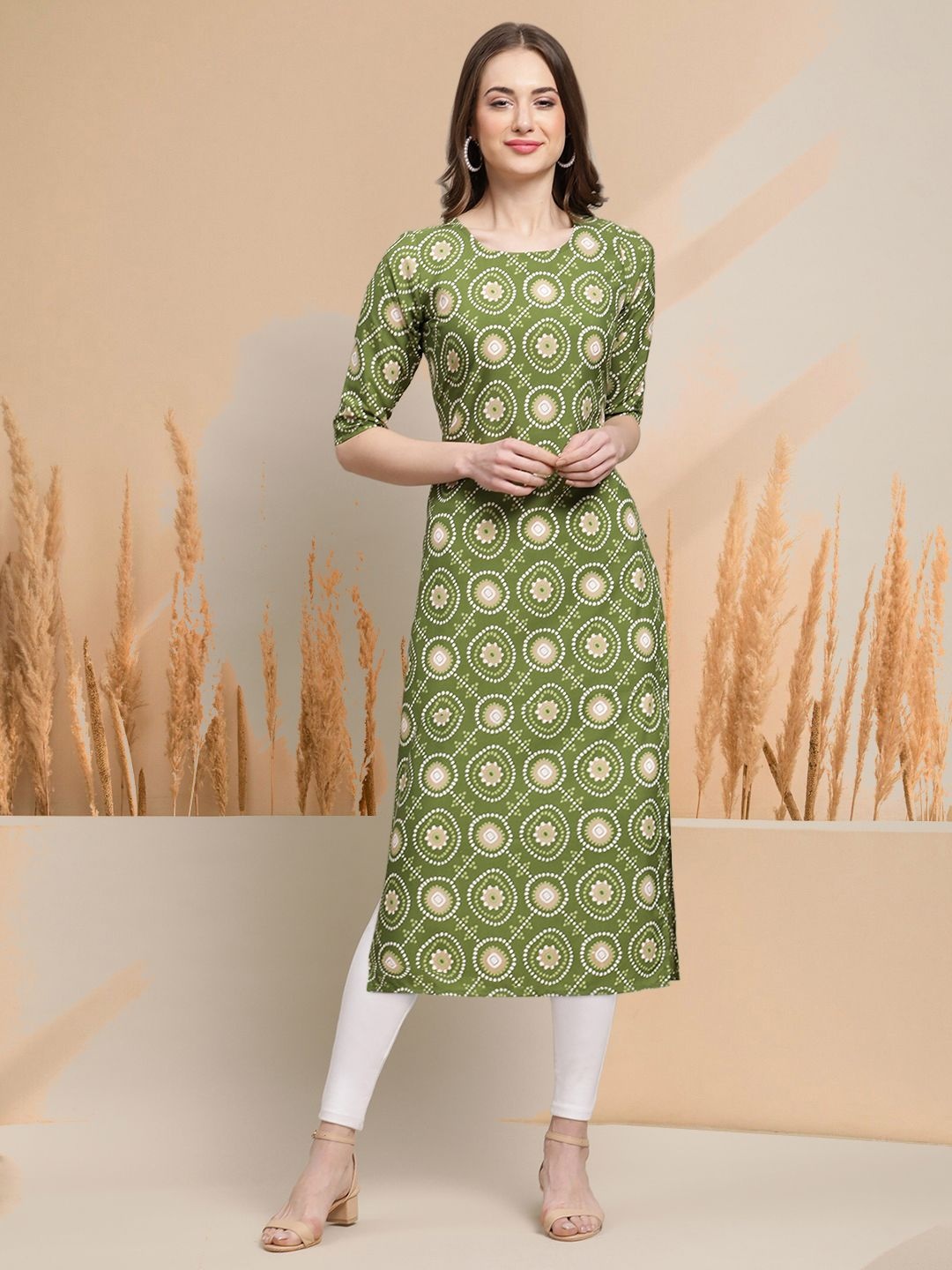 

7Threads Selection of 5 Ethnic Motifs Printed Round Neck Straight Kurtas, Green