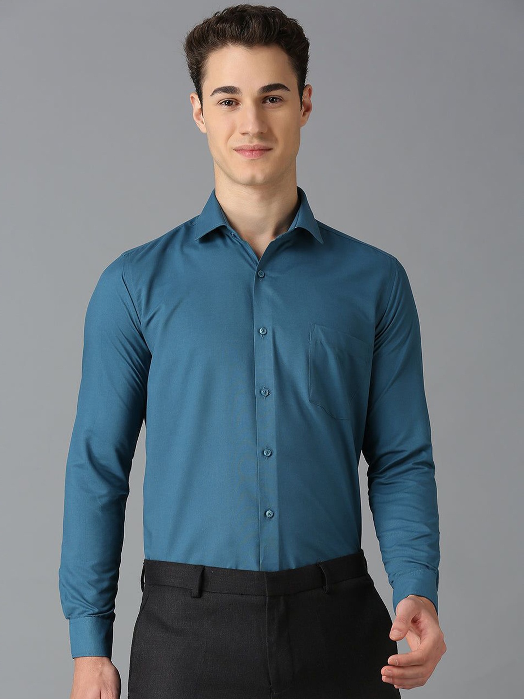 

John Philips Men India Slim Fit Spread Collar Solid Formal Shirt, Teal