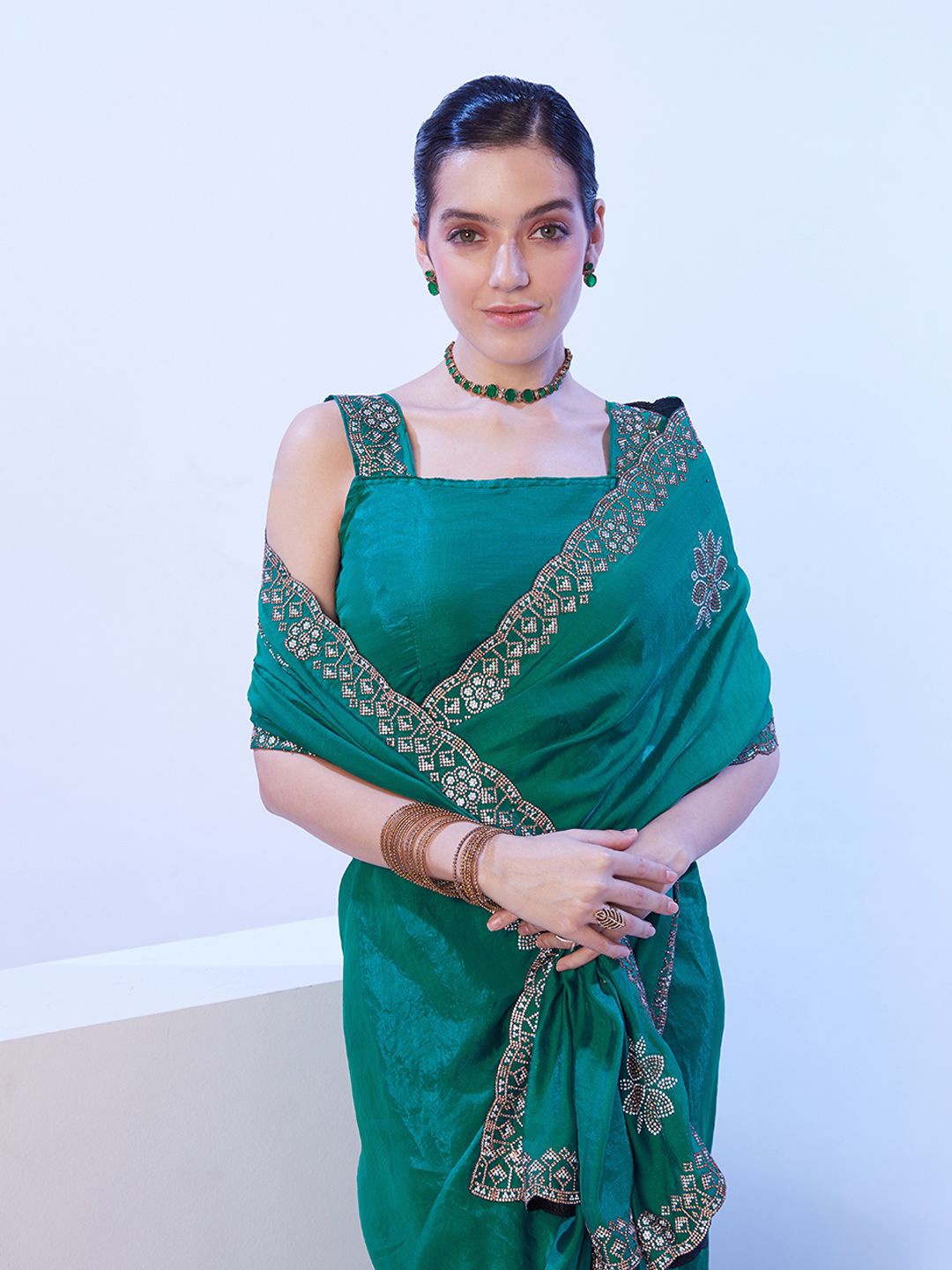 

Kalista Embellished Beads and Stones Satin Saree, Green