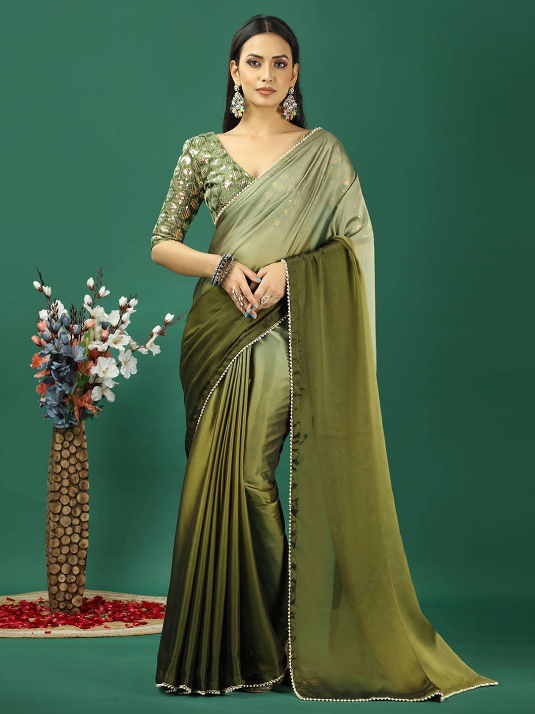 

HI FI NX Ombre Beads and Stones Satin Banarasi Saree, Green