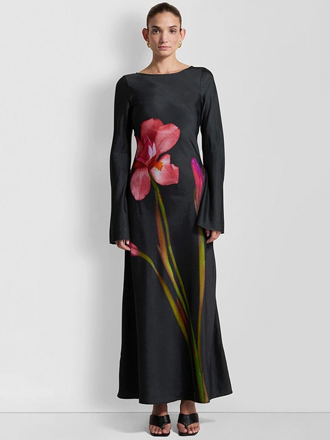 

LULU & SKY Floral Printed Boat Neck Flared Sleeve Maxi Dress, Black