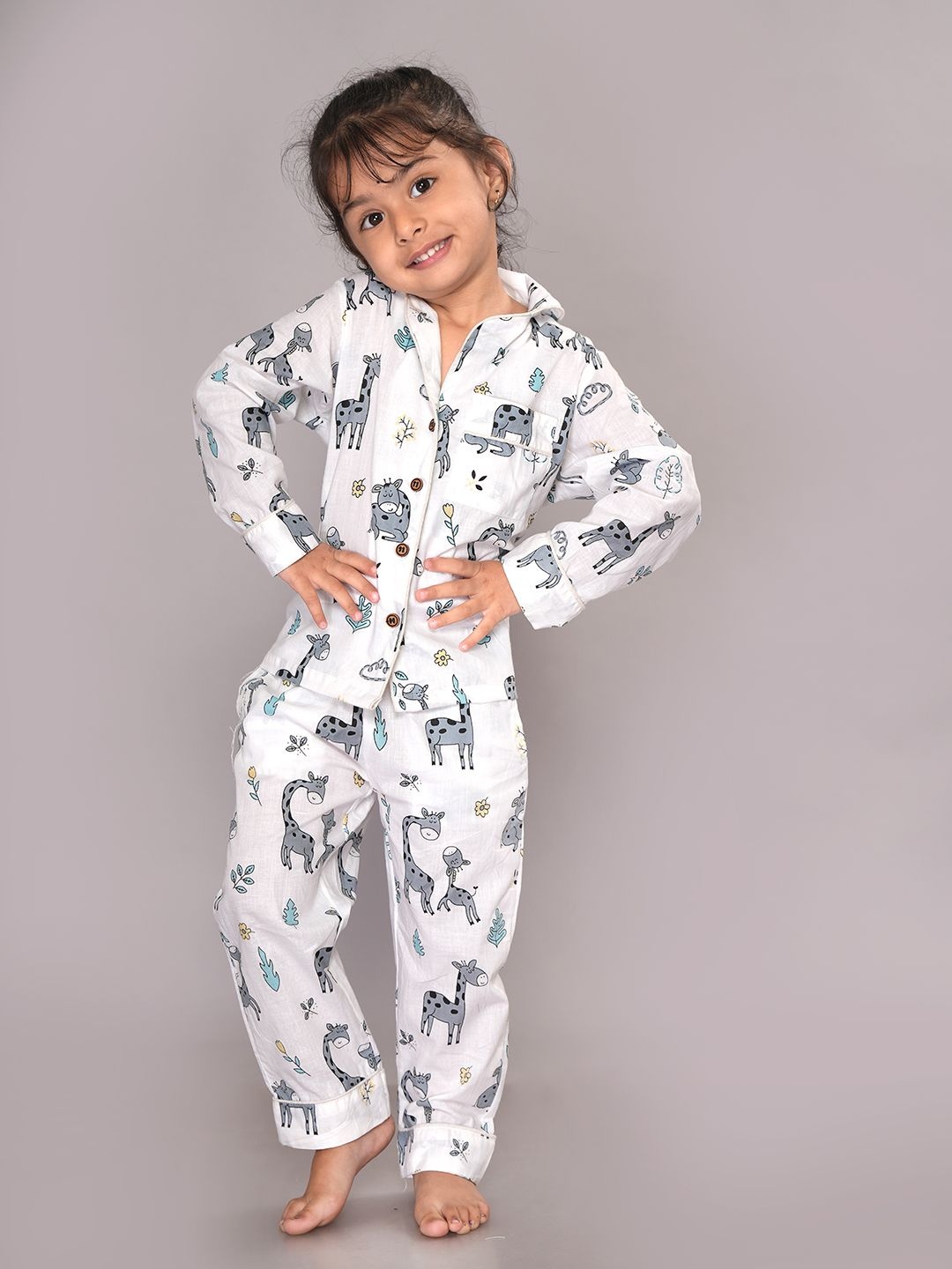 

BLOCKS OF INDIA Unisex Kids Printed Pure Cotton Shirt Collar Night suit, White