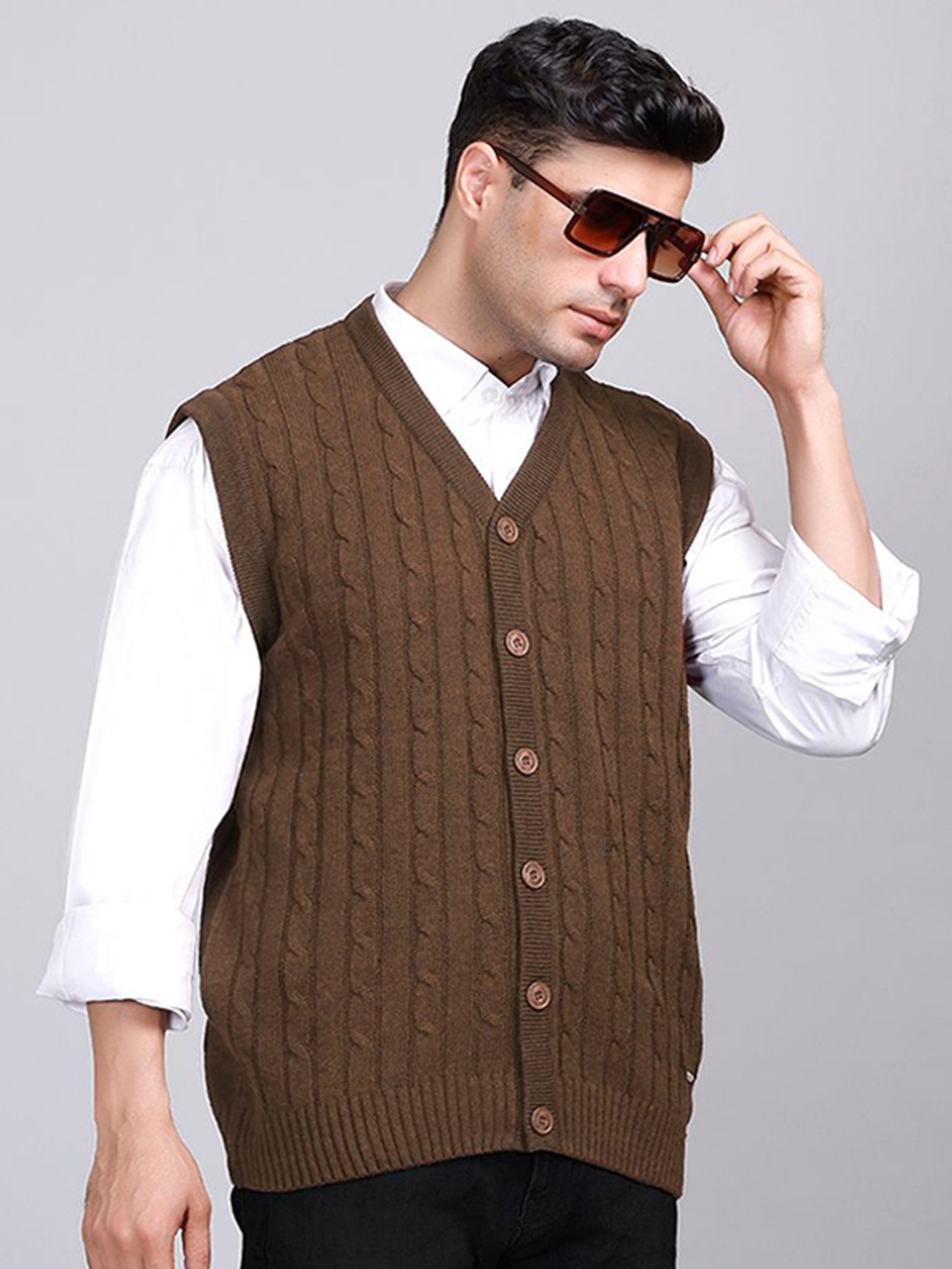 

GODFREY Men Cable Knit Woollen Cardigan Sweaters, Brown