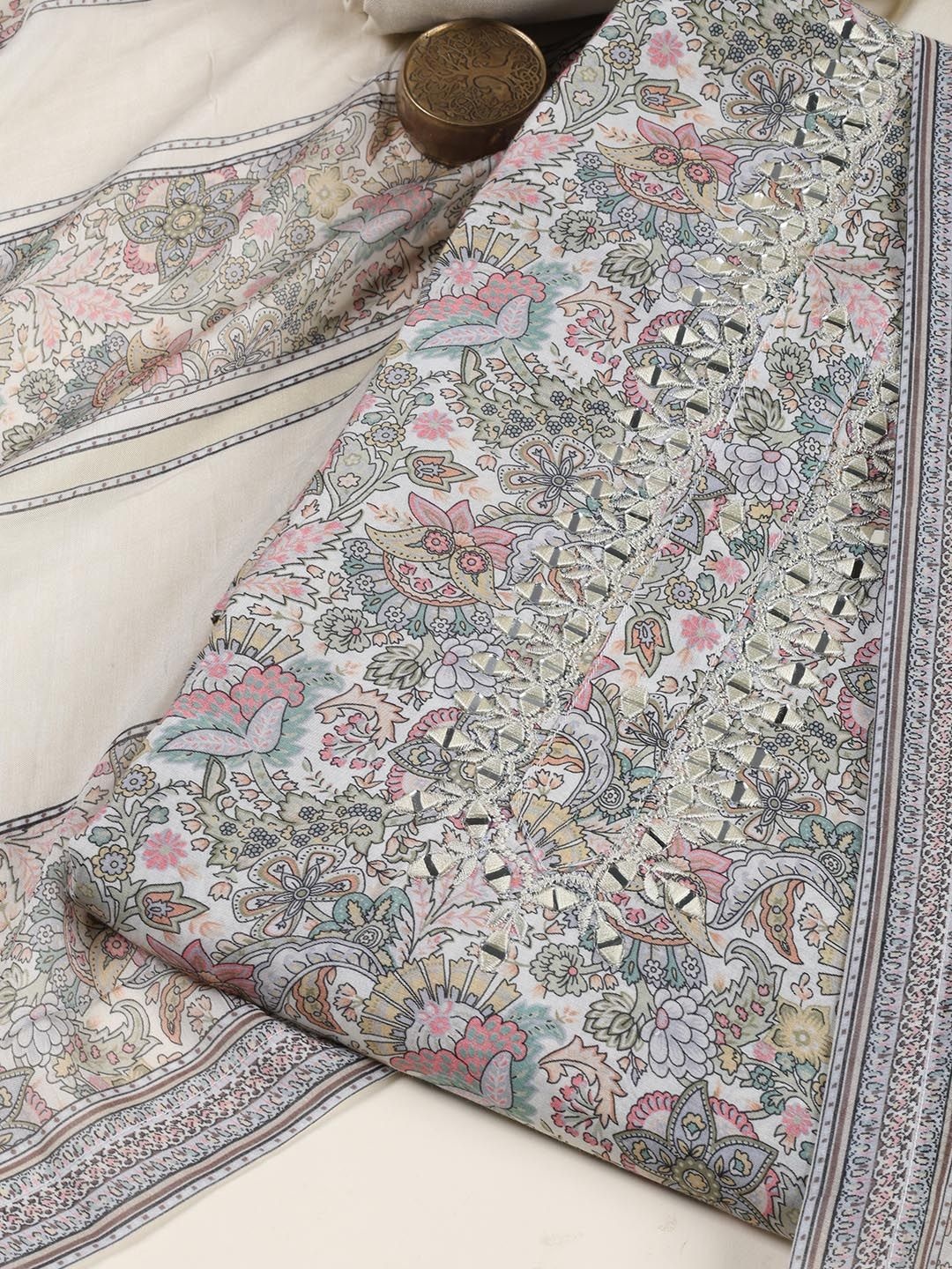 

Meena Bazaar Printed Art Silk Unstitched Dress Material, Cream