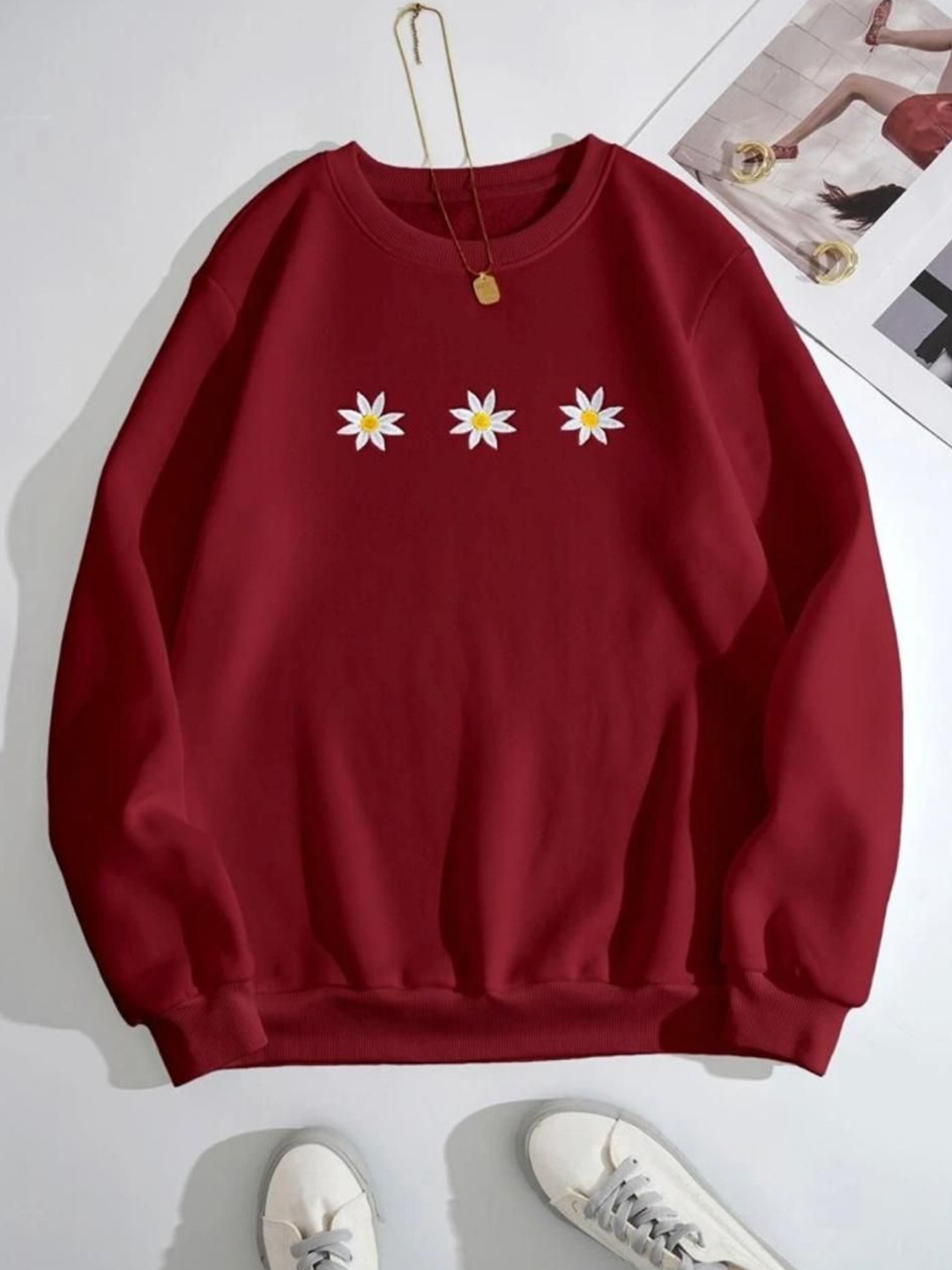 

Just Fab Women Floral Embroidered Cotton Sweatshirt, Red