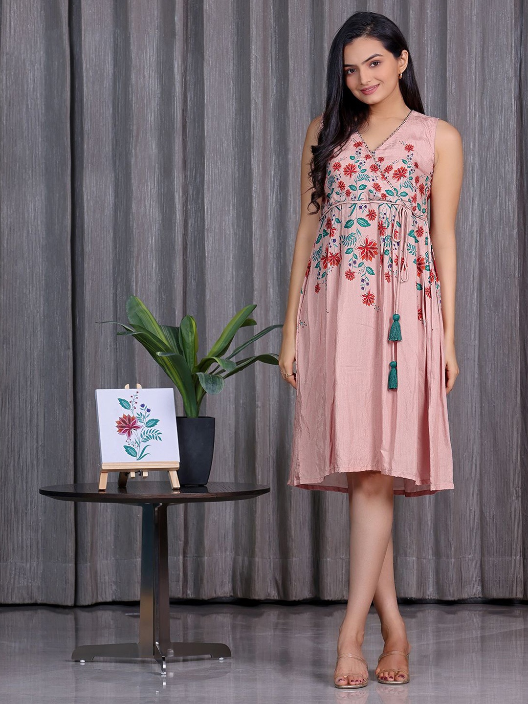 

SUKRUTI DESIGN Women Floral Printed Wrap Midi Dress, Pink