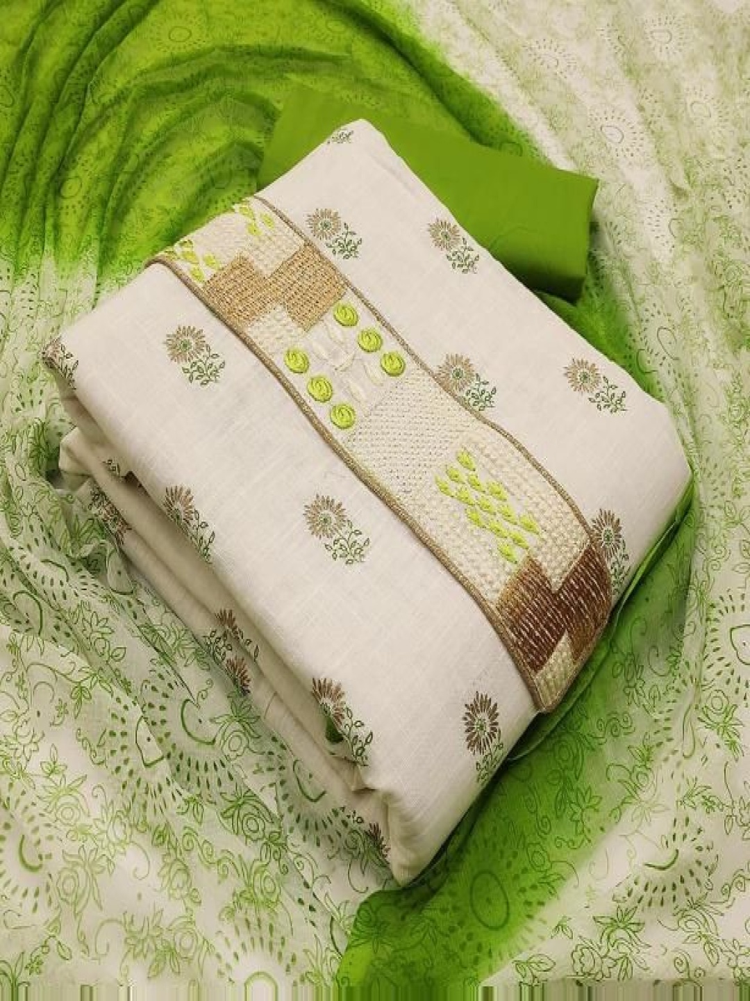 

KALINI Floral Printed Thread Work Pure Cotton Unstitched Dress Material, White