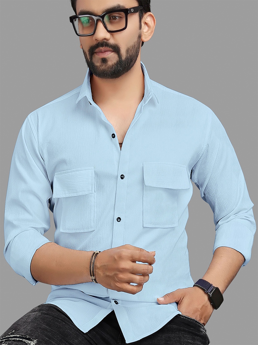 

WOXEN Men Original Fit Spread Collar Solid Cotton Casual Shirt, Blue