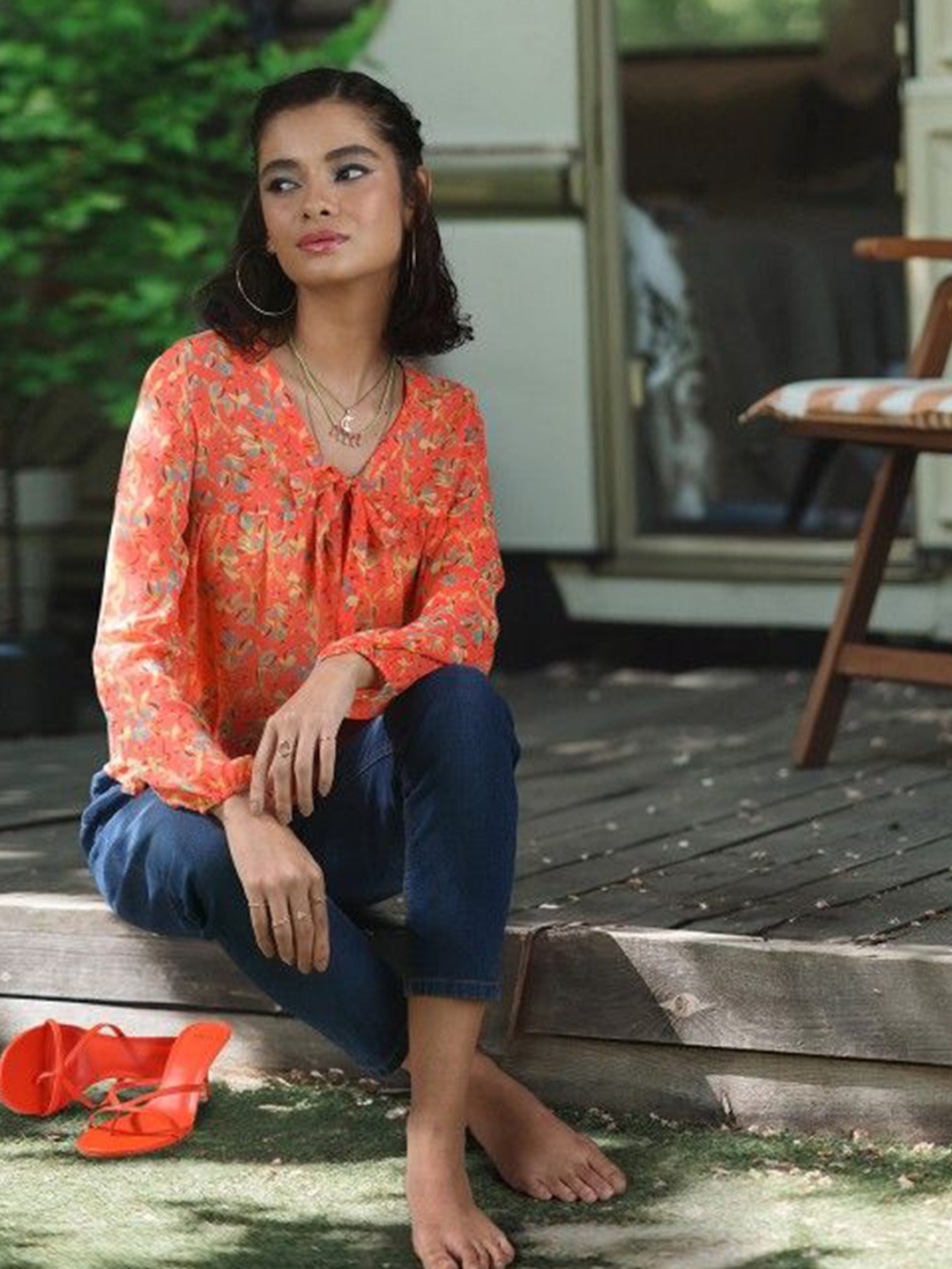 

DressBerry Floral Print Tie-Up Neck Top, Orange