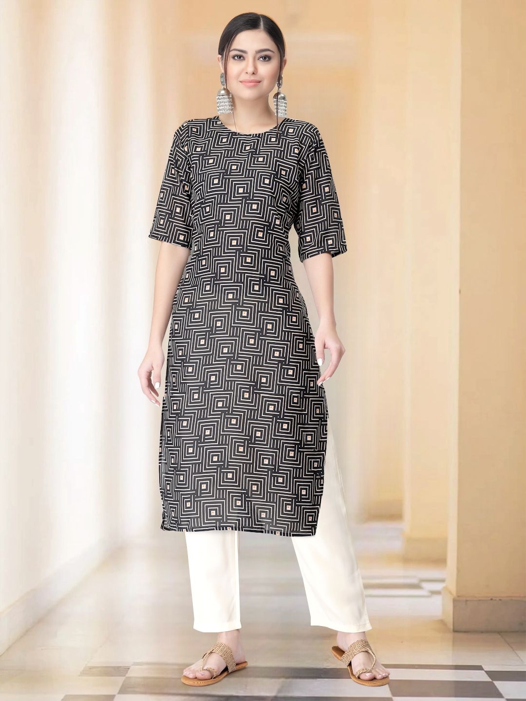 

7Threads Selection Of 2 Geometric Printed Round Neck Straight Kurta With Trousers, Black