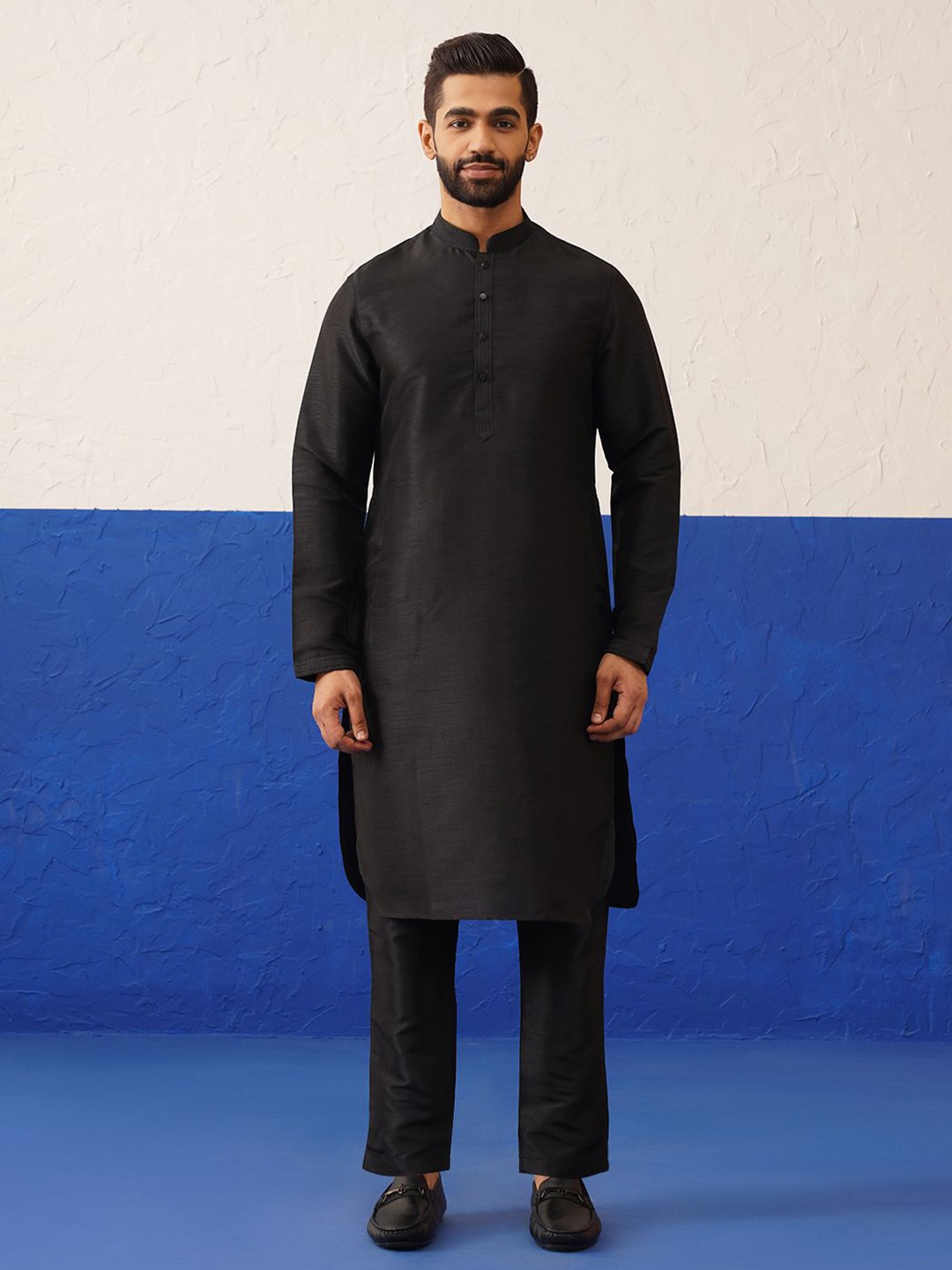 

TheEthnic.Co Men Mandarin Collar Pure Cotton Kurta with Trouser & Jacket, Navy blue