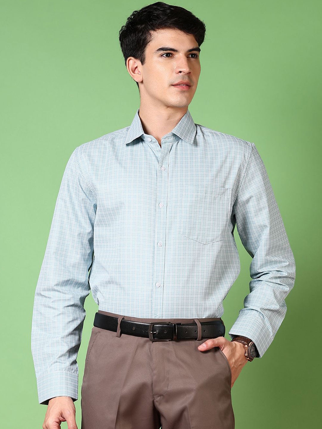 

V-Mart Men Spread Collar Checked Formal Shirt, Blue