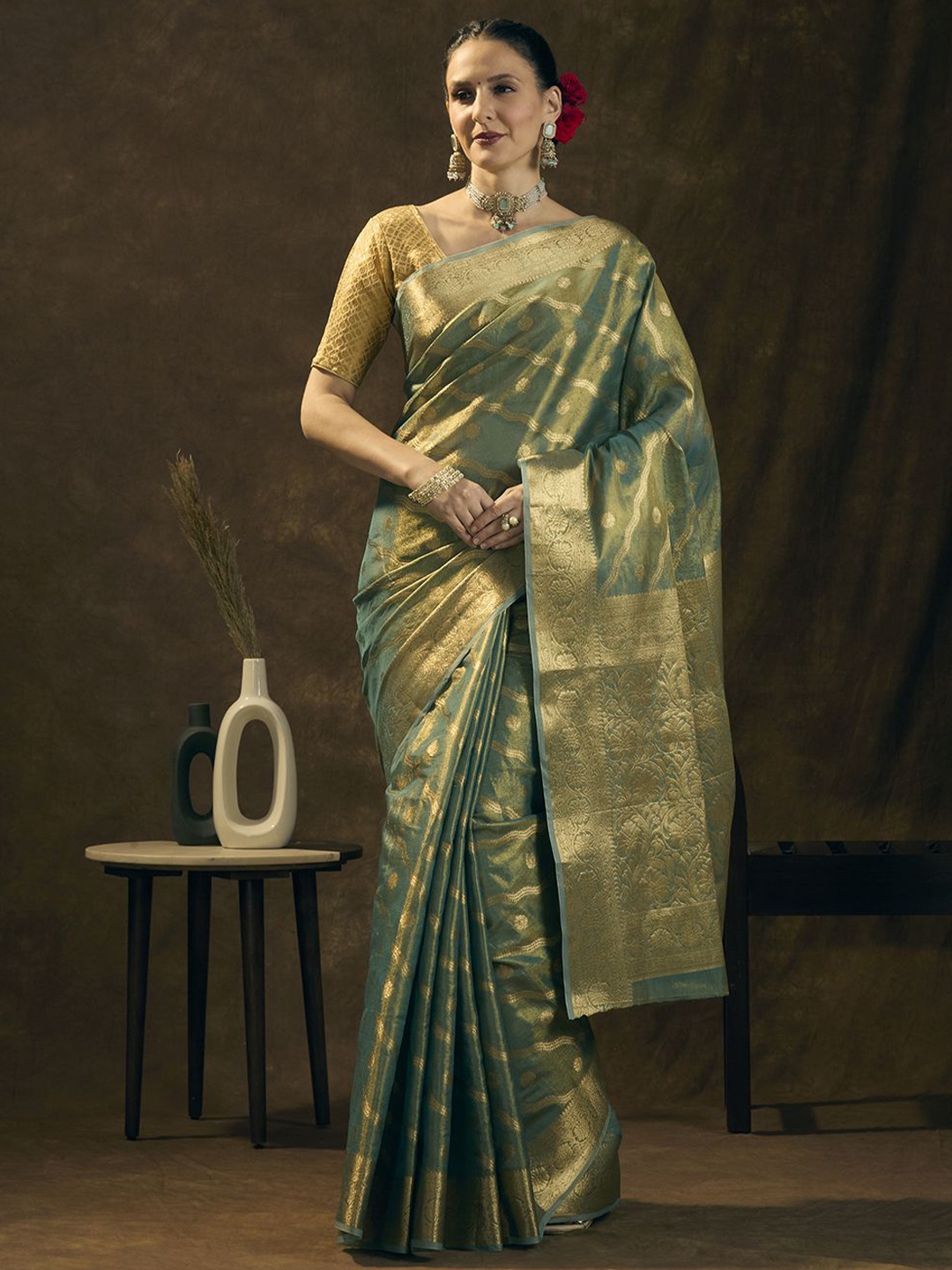 

JUST FASHION Woven Design Zari Tissue Banarasi Saree, Teal