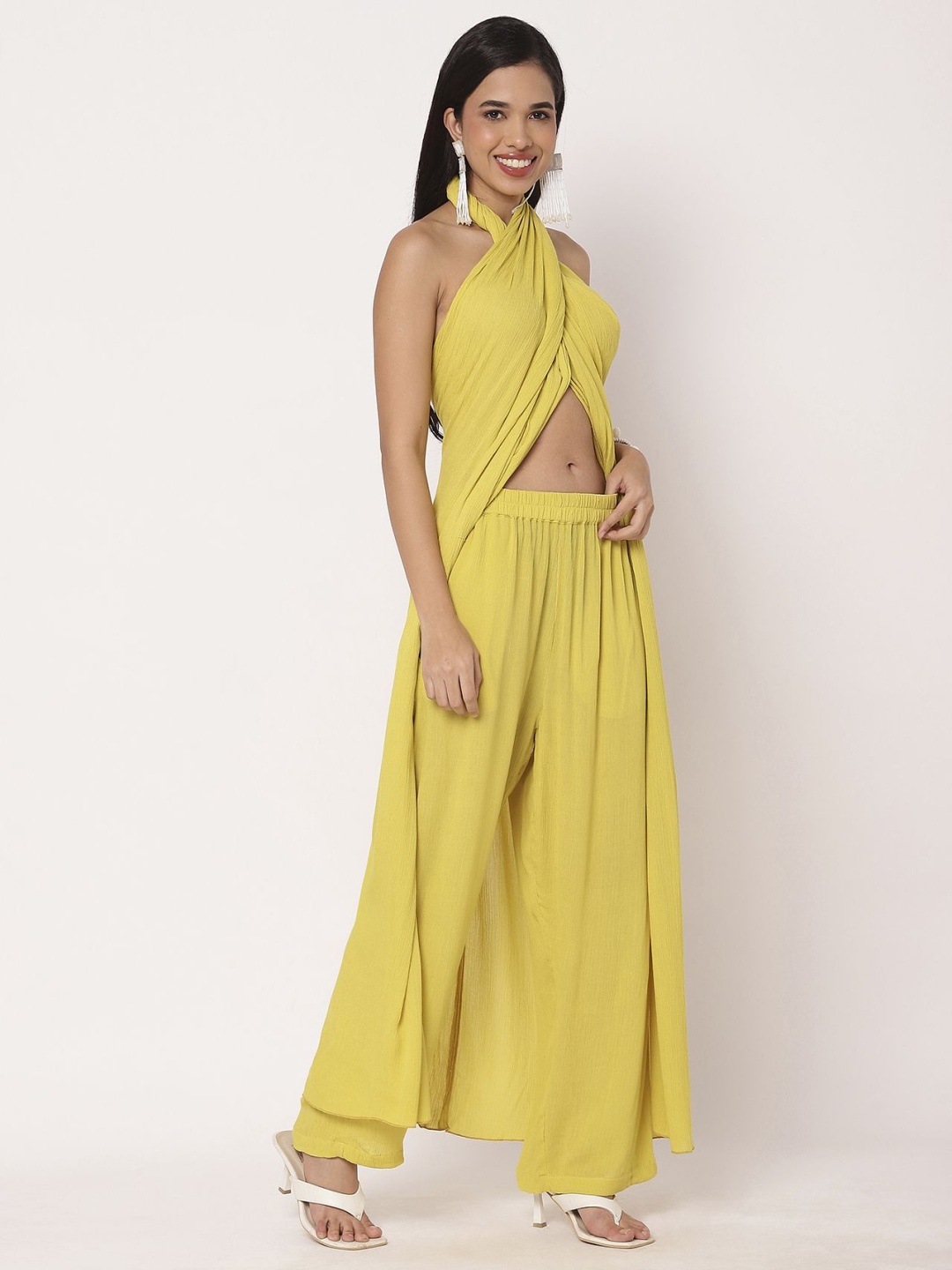 

Moomaya Draped Halter Neck Sleeveless Tunic & Palazzo, Yellow