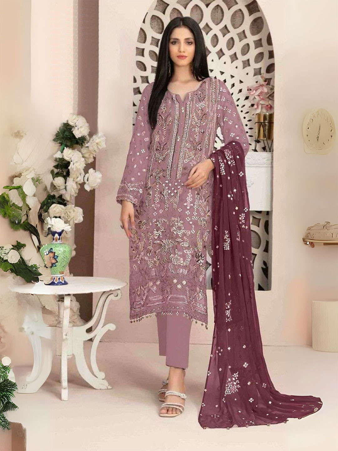 

ODETTE Women Floral Embroidered Regular Sequinned Kurta with Trousers & With Dupatta, Pink