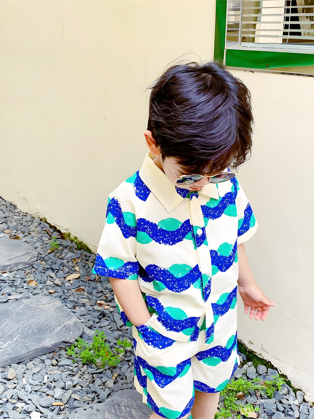 

BAESD Kids Printed Shirt Collar Pure Cotton Shirt With Shorts, Beige