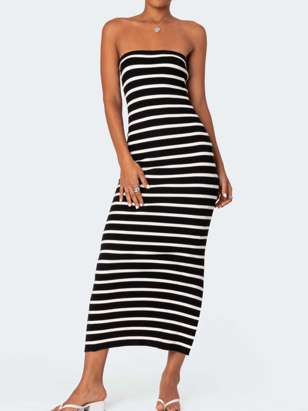 

LULU & SKY Women Striped Strapless Bandeau Midi Dress, Black