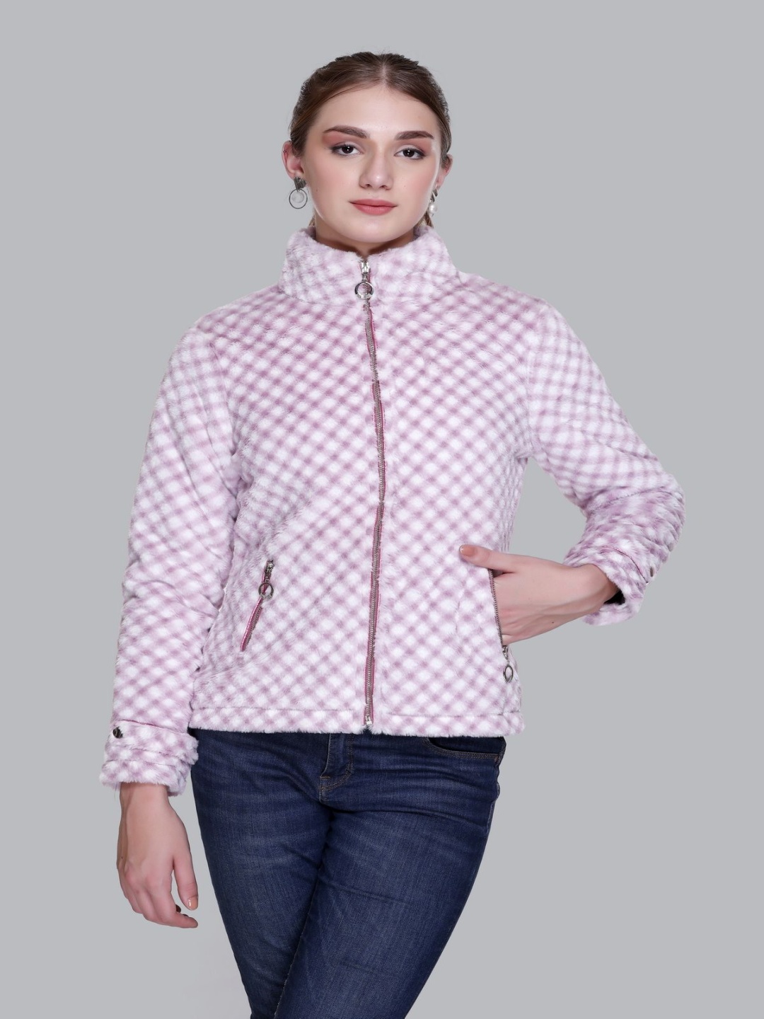 

DIONA Women Mock Collar Checked Woollen Casual Tailored Jacket, White