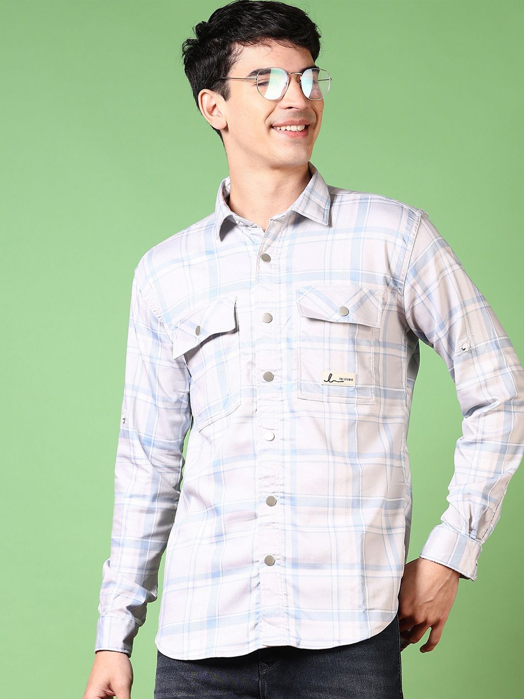 

V-Mart Men Spread Collar Checked Cotton Casual Shirt, Cream