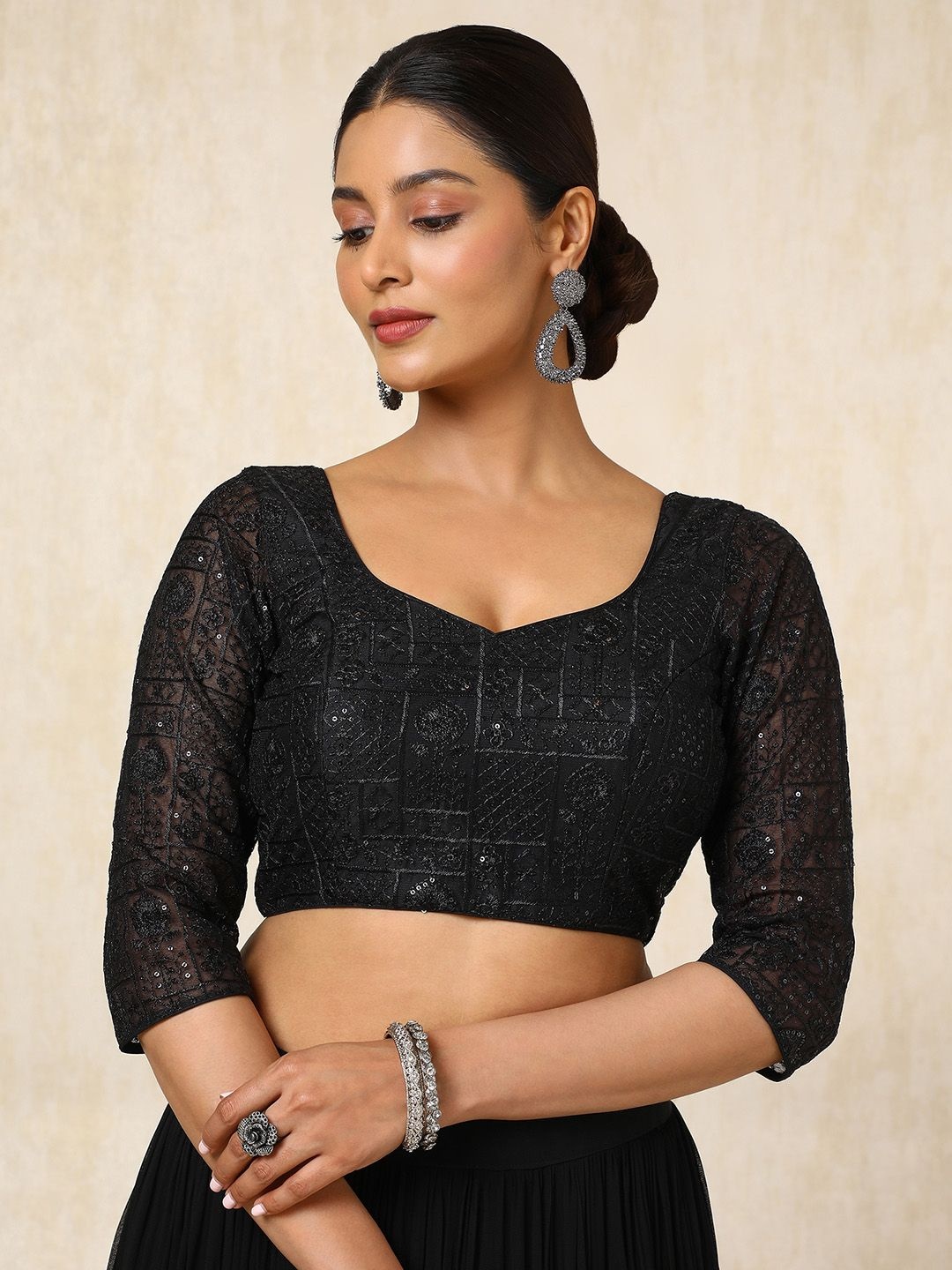 

Soch Embellished Sequinned Sweetheart Neck Padded Saree Blouse, Black