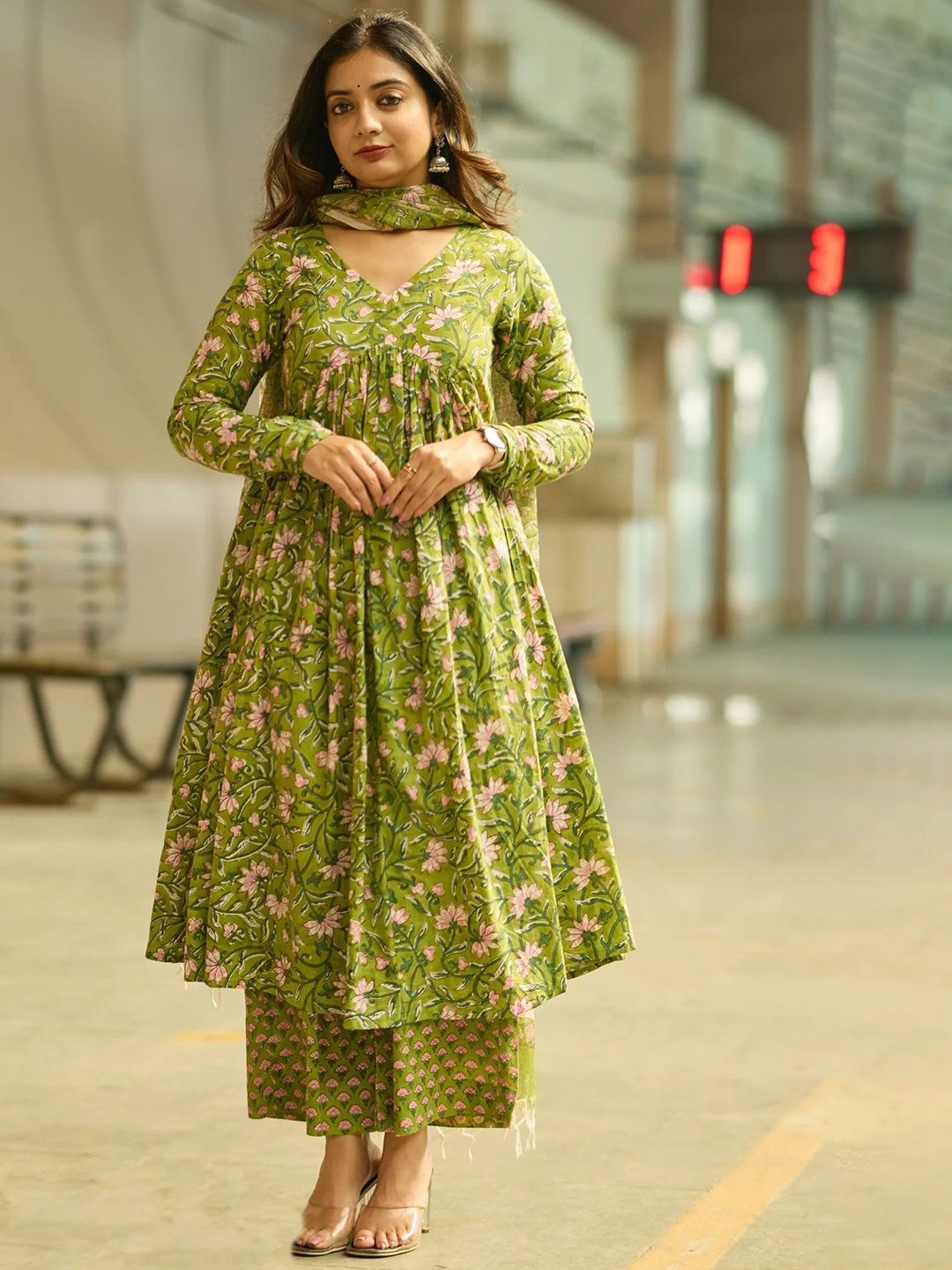 KALINI Women Floral Printed Anarkali Kurta with Trousers