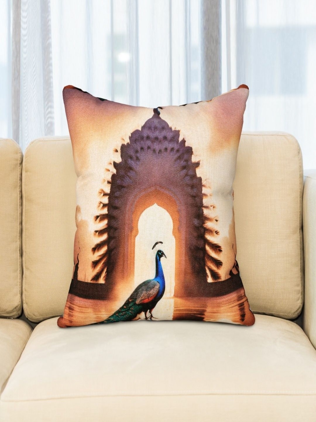 

BED-SHEET.COMSet of 3 Peacock Print Jute Cotton Square Cushion Covers, Orange