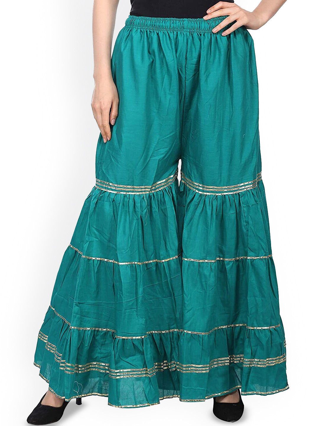 

SRISARAS Women Flared Fit Pleated Elasticated Cotton Sharara Palazzos, Green