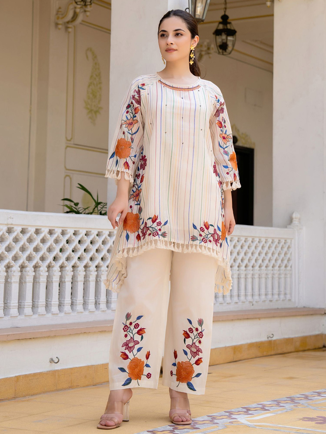 FREYAA Embroidered Round Neck Top With Trousers Co-Ords