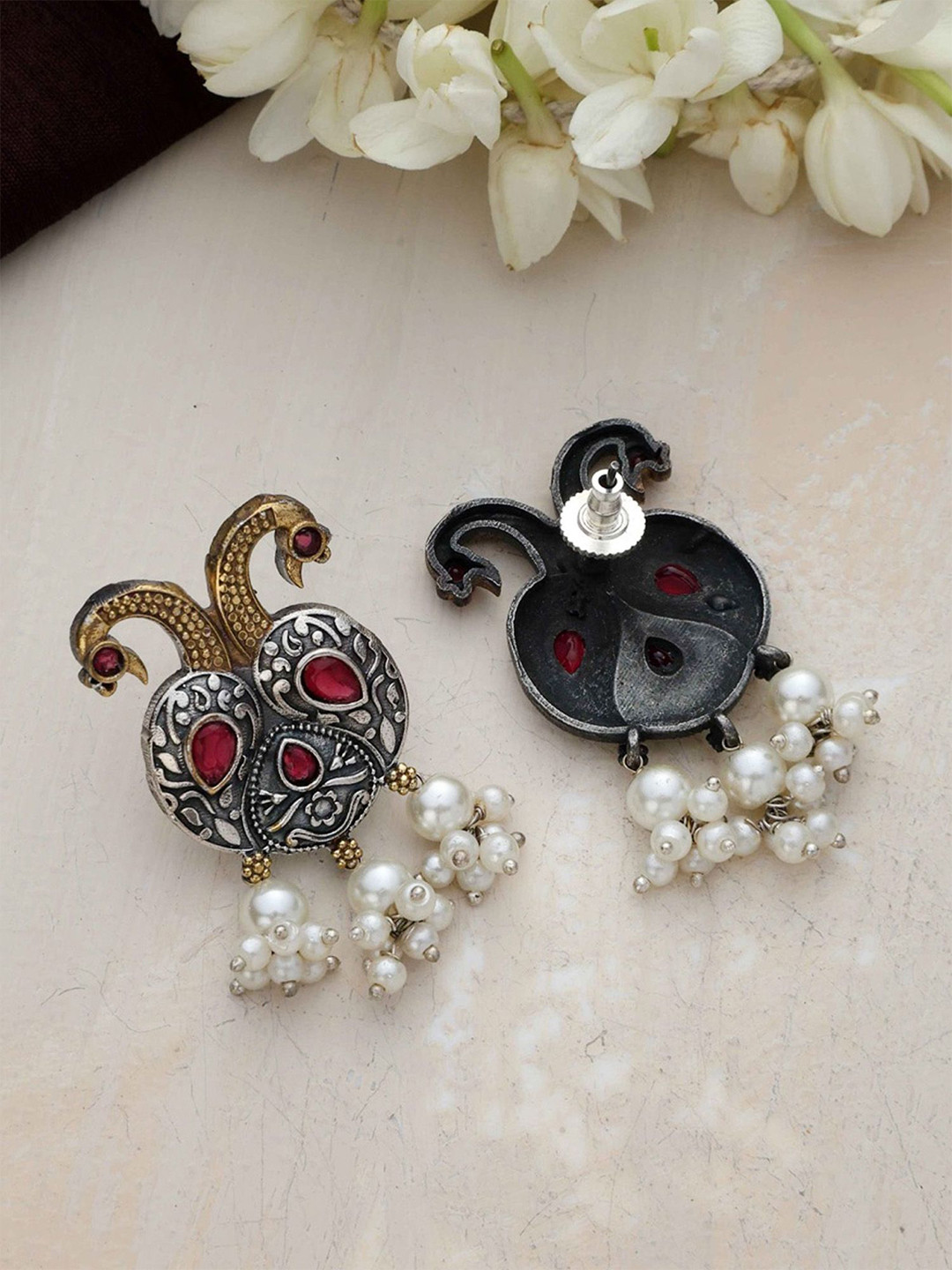 

Adwitiya Collection Silver-Plated Stones Studded And Beaded Peacock Shaped Drop Earrings