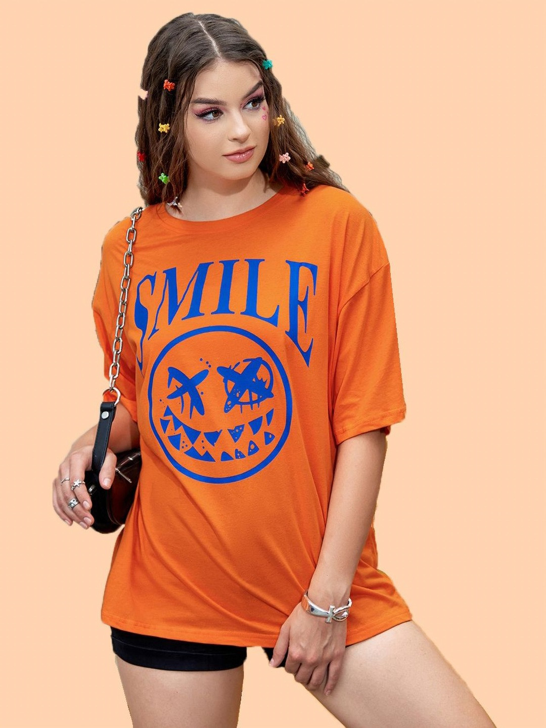 

Christy World Women Typography Printed Round Neck Oversized T-shirt, Orange