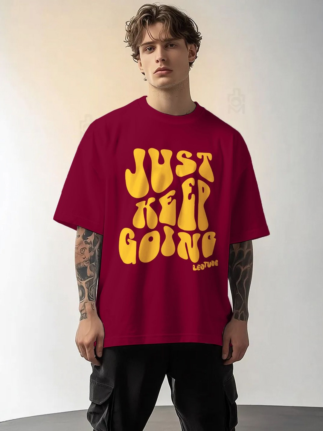 

Leotude Typography Printed Round Neck Oversized T-shirt, Maroon