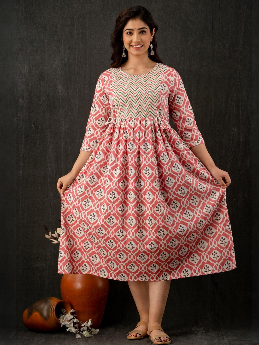 

FASHION CLOUD Women Pink Floral Printed Pure Cotton Maternity Feeding Kurti