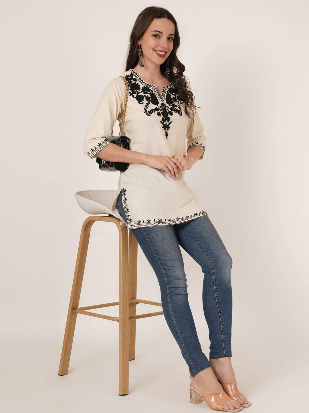 

Diktmark Women Cotton Embroidered A-Line Kurta, Black