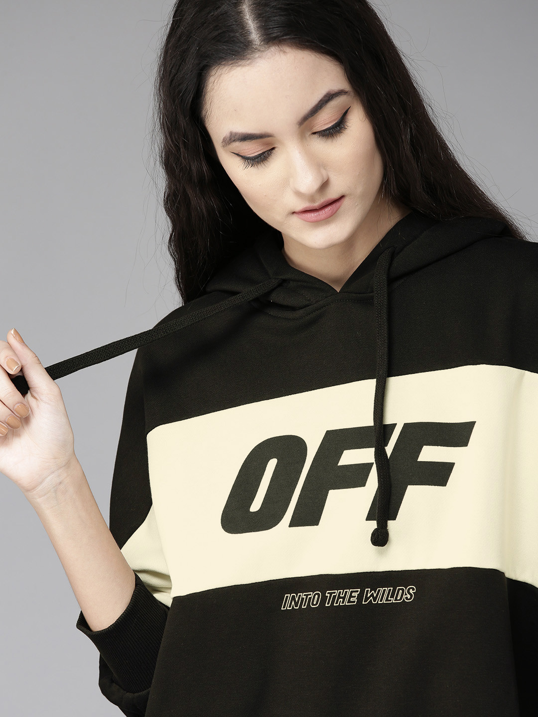 Roadster Women Black & White Colourblocked Hooded Sweatshirt