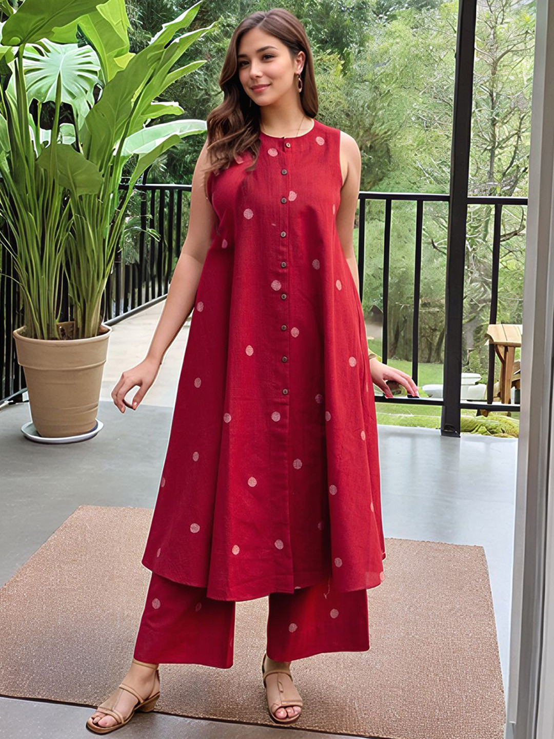 

GoSriKi Women Printed Kurta with Palazzos, Red