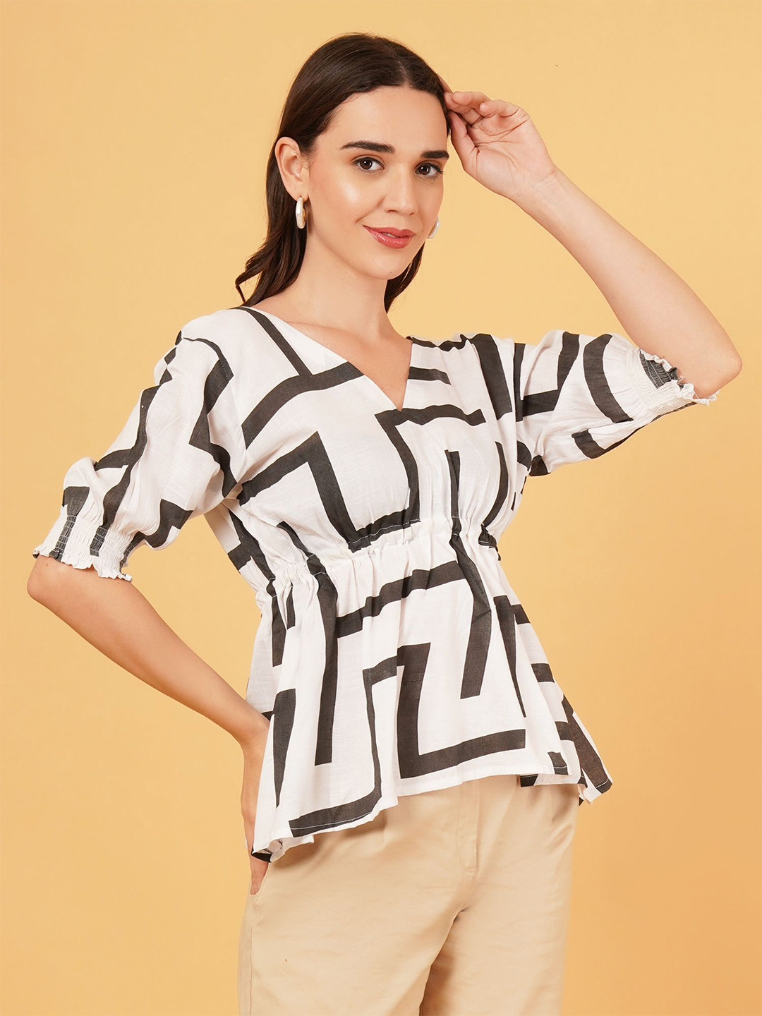

Magnetism Women Abstract Printed Cotton Cinched Waist Top, White