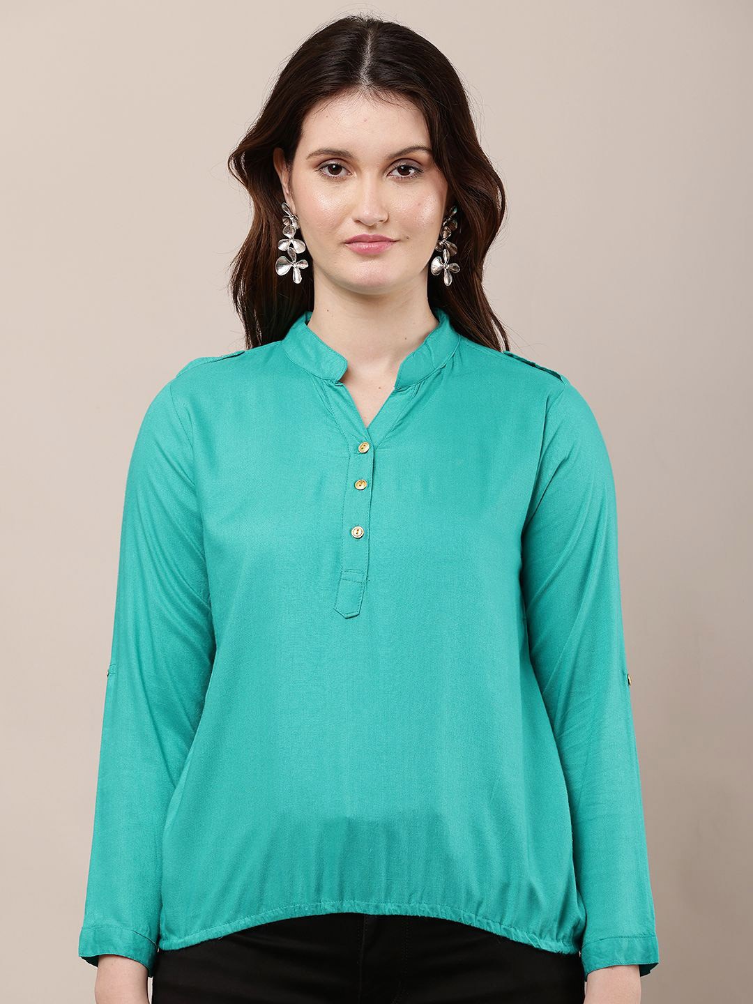 Moda Rapido Women Classic Slim Fit Solid Mandarin Collar Cotton Casual Shirt