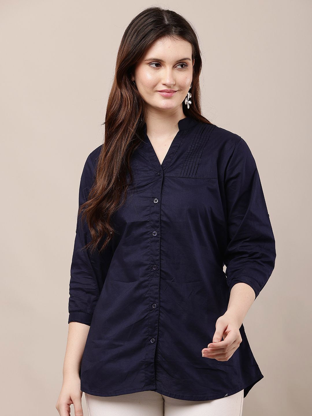 Moda Rapido Women Classic Slim Fit Solid Mandarin Collar Cotton Casual Shirt