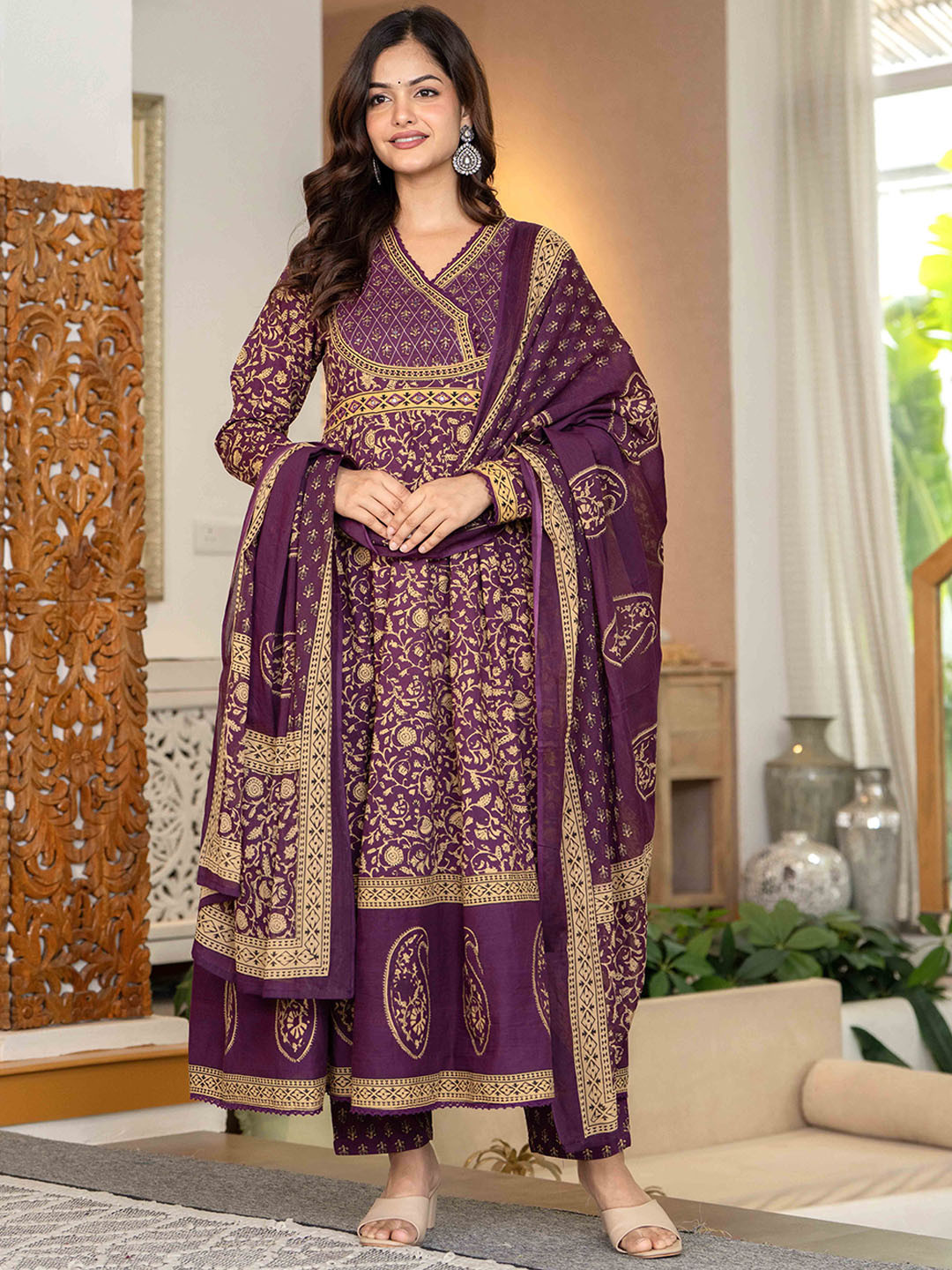 

Pistaa Floral Printed Empire Mirror Work Pure Cotton Anarkali Kurta With Trouser & Dupatta, Burgundy