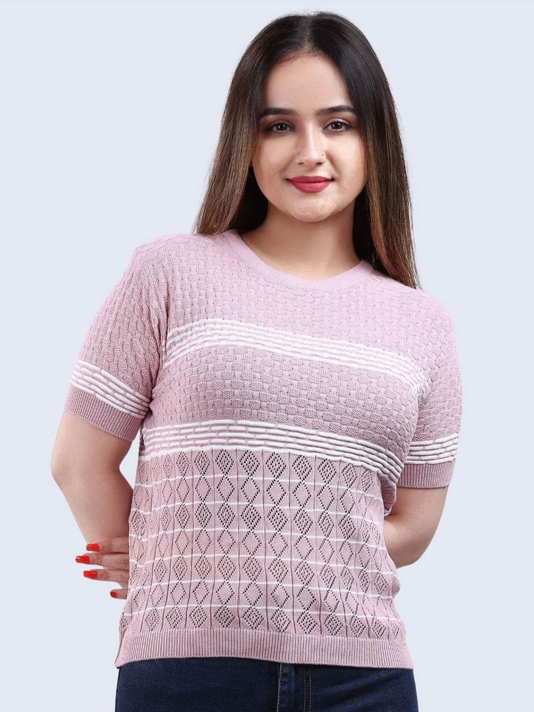 

FEVERFEW Women Self Design Embellished Cotton Regular Top, Pink