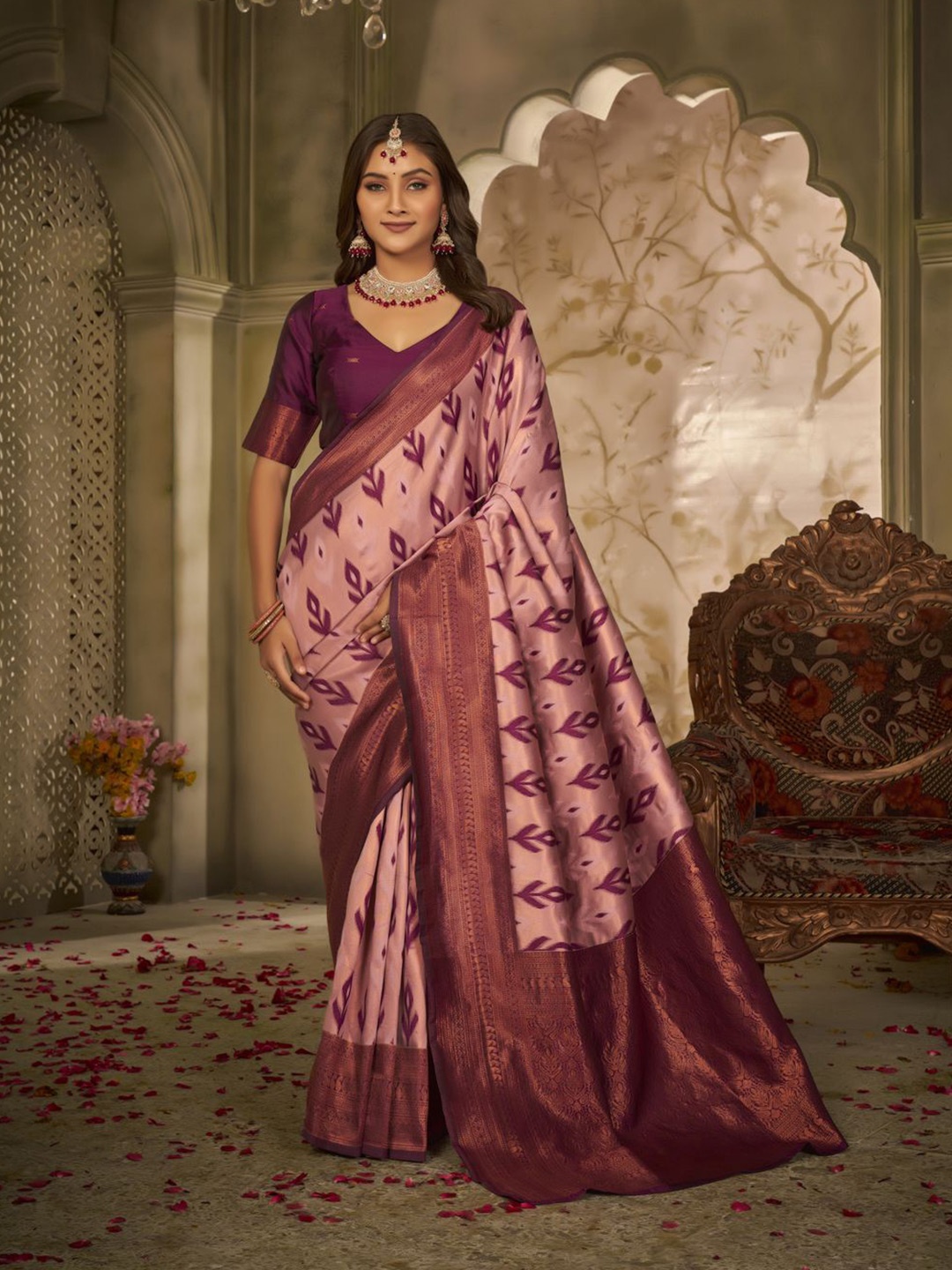 

KALINI Woven Design Zari Silk Blend Saree, Burgundy