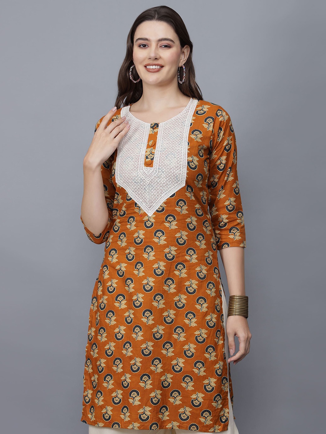 

ETRAANA Floral Printed Embroidered Cotton Straight Kurta, Mustard