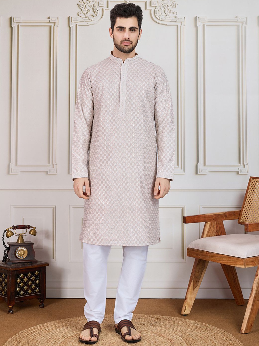 

House of Pataudi Embroidered Straight Kurta, Beige