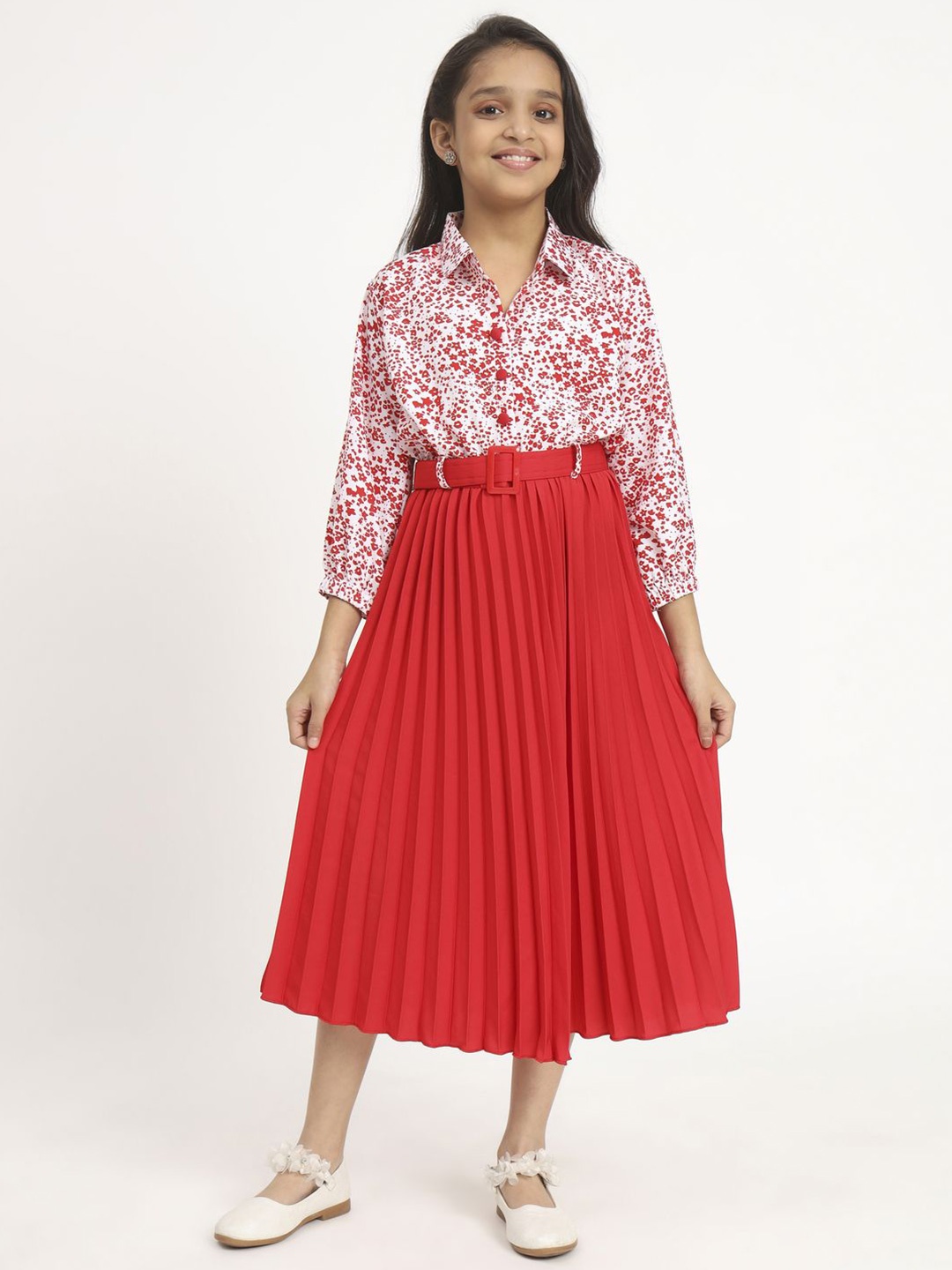 

OTABU Print Puff Sleeve Applique A-Line Midi Dress, Red