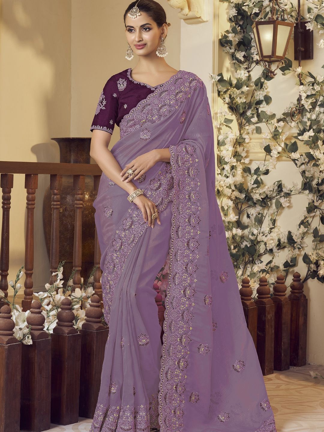 

Suha Floral Organza Saree, Purple