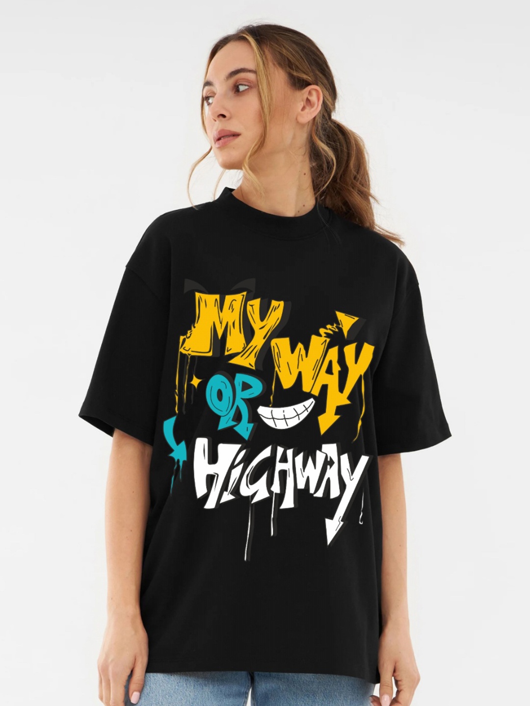 

RAYACLOSET Women Typography Printed Applique T-shirt, Black