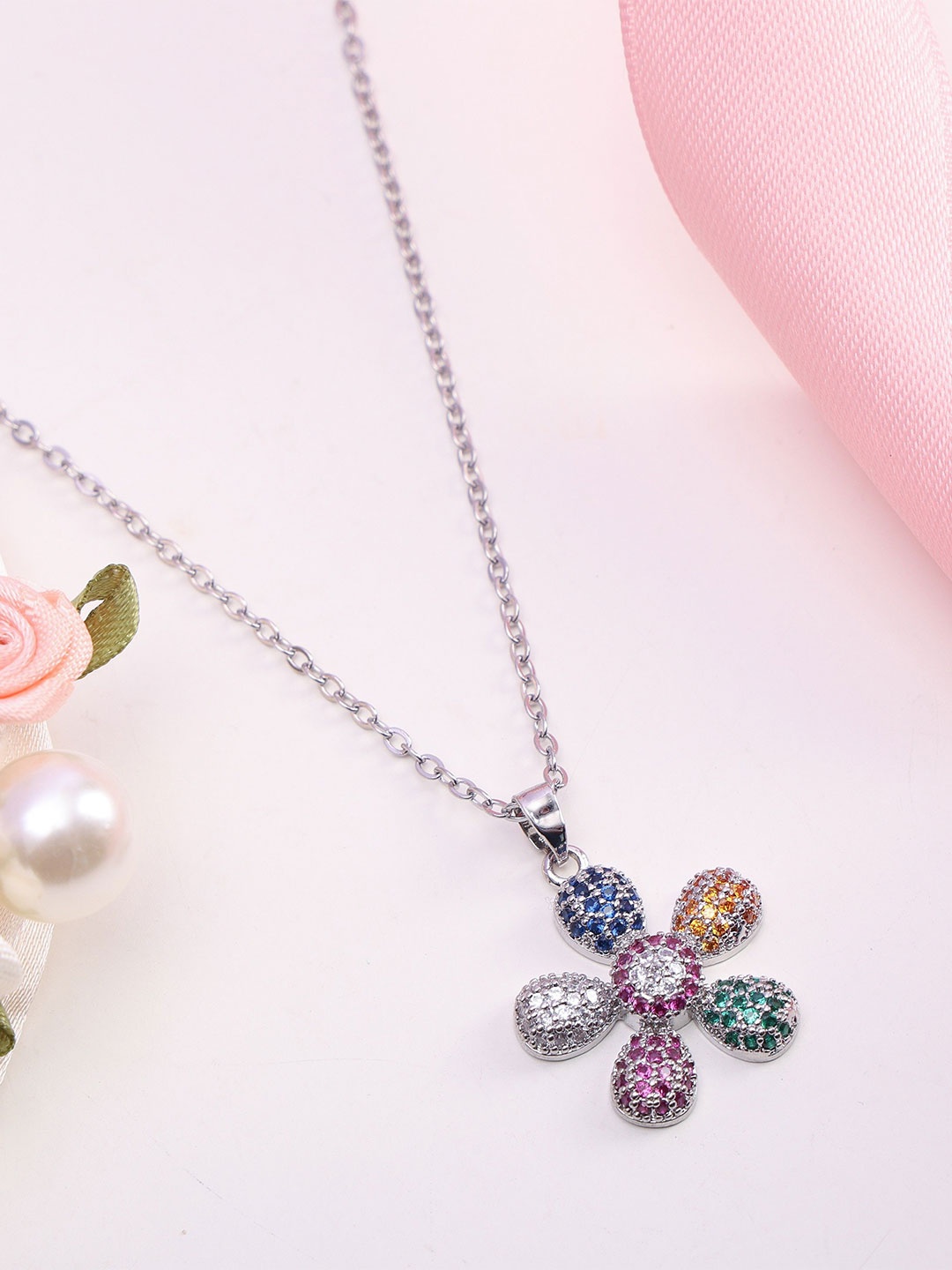 

Laviscart Rhodium-Plated Artificial Stones Studded Floral Pendants With Chains, Silver