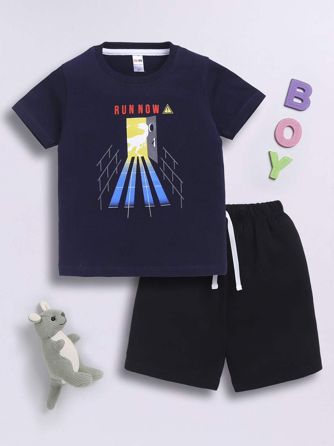 

LITTLE NINJA Boys Printed Pure Cotton Top With Shorts, Navy blue