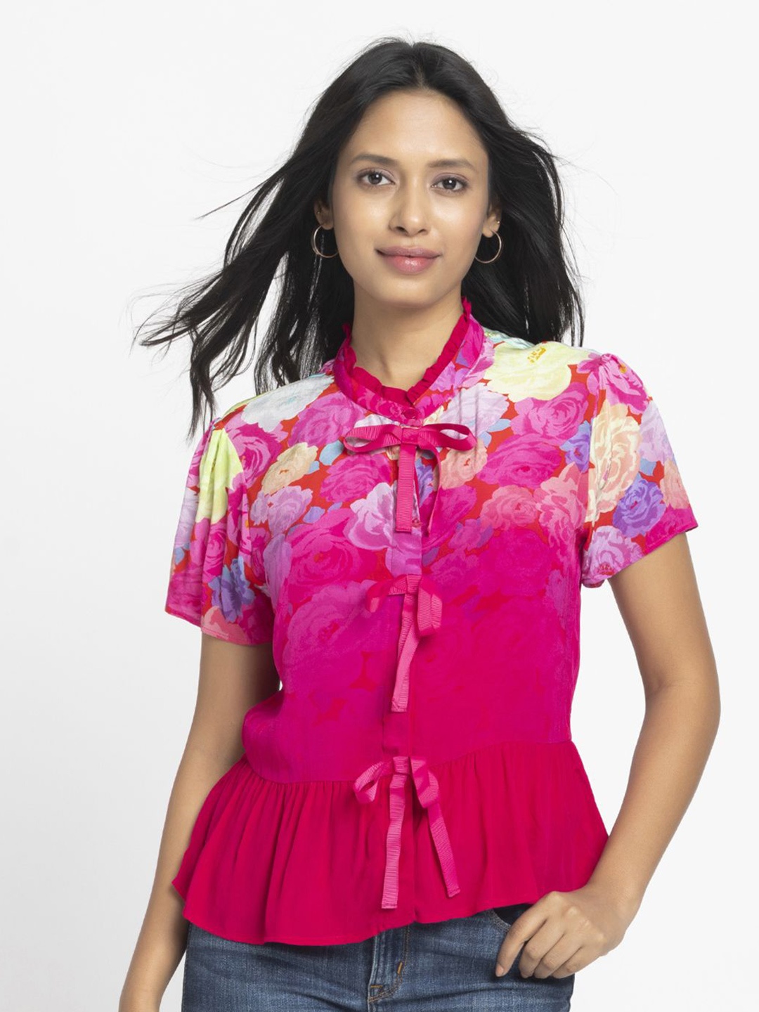 

SHAYE Pink Round Neck Floral Print Short Sleeves Casual Tops For Women